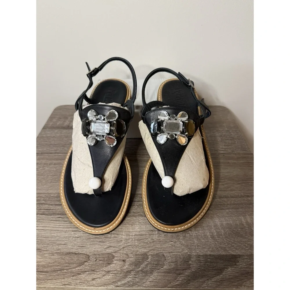 Pertini Black Jeweled Leather thong sandals ankle buckle Women's Sz 8 Made Spain